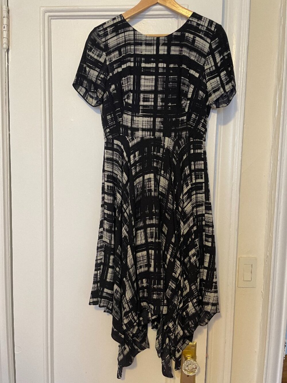 Anthropologie Painted Plaid Dress, Black, Handkerchief Hem, Size 6